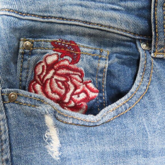 INC Denim Jean 14 Cropped Embroidered Roses Cropped Fringe Curvy Boho Distressed - Picture 4 of 13